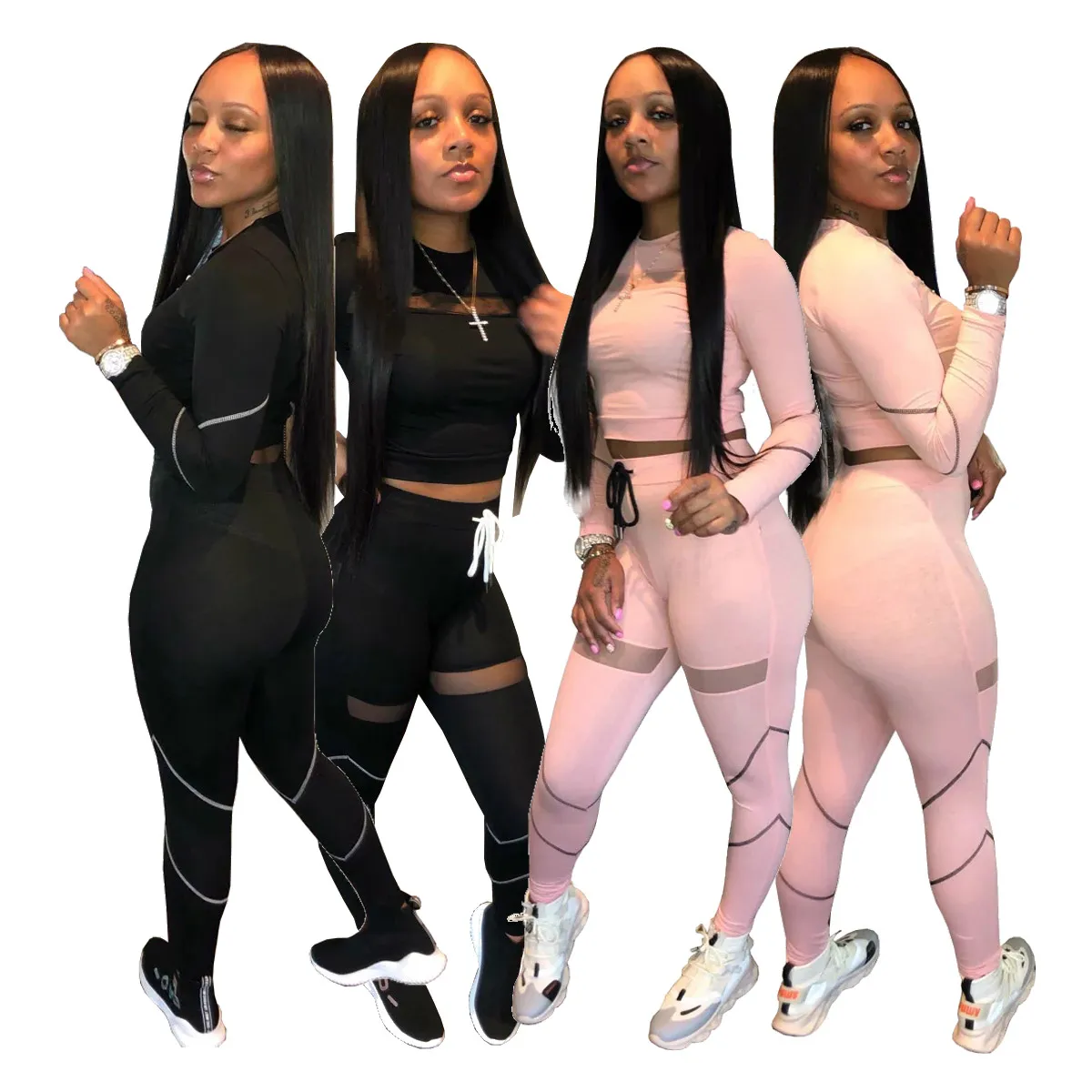 Crop top two piece pants sets women hollow out color solid sports wear 2021 winter apparel for women fall clothes D11113