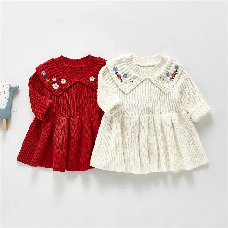 Wholesale Girl 100% Cotton Knitted Long Sleeve Baby Girl Dress Beautiful Solid Color Embroidery Flower Princess Dress OEM ODM