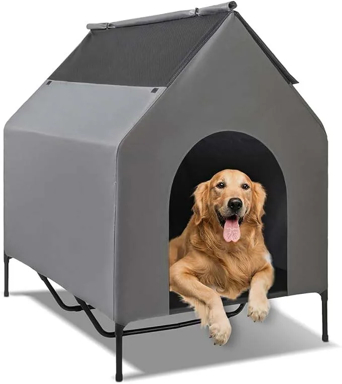 Portable Foldable Dog House with Steel Frame Elevated Metal Tent with Breathable Mesh Roof for Pets Traveling