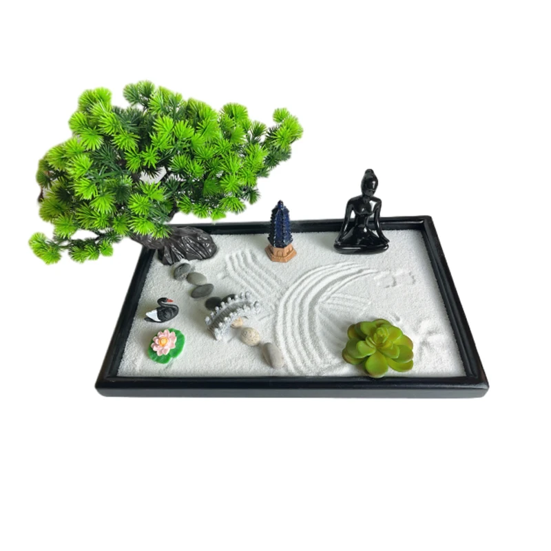 Zen Garden Kit Beautiful Japanese Decor Mini Rock Garden Gift Set for Home Office Desk Sand Tray Therapy Desktop Meditation Room