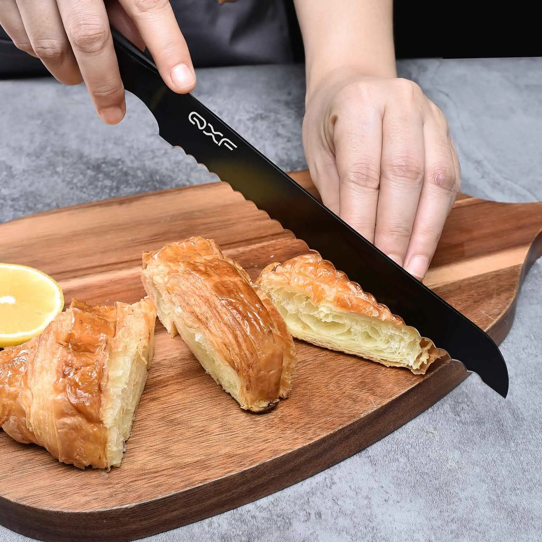 QXF 6 PCS Black Coated Painted Kitchen Knife Set 5Cr15MoV Stainless Steel Hollow Handle Chef Knife with Acrylic Wood Knife Stand