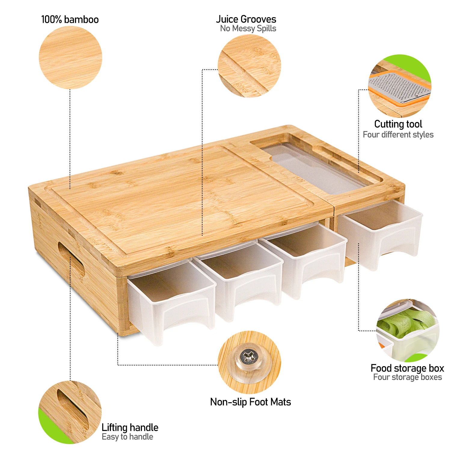 Multi-functional Bamboo Cutting Chopping Board With Removable Lid And Tray Kitchen Chopping Block With Storage Containers
