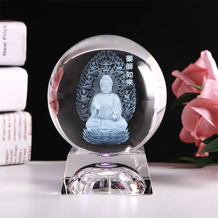 Custom Size 3d Laser Engraving Crystals Bodhisattva Decorating Christmas Clear Crystal Ball With Base