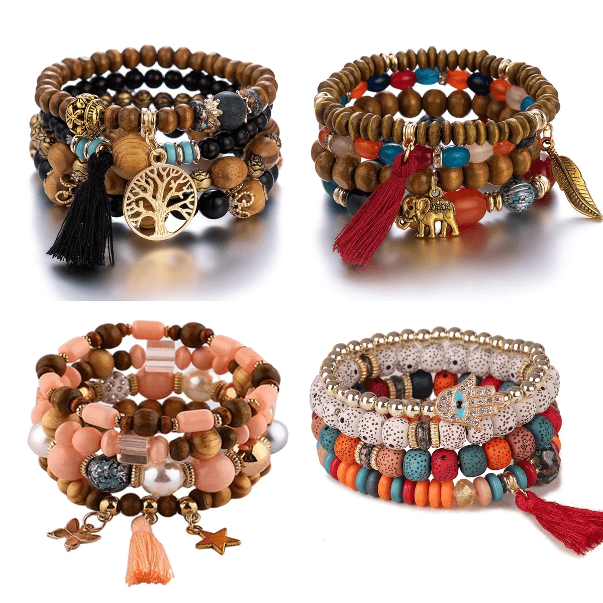 Hot Sale Trendy Boho Multilayer Tassel Wooden Beads Bracelet Set For Women Statement Wood Beaded Bracelets Jewelry