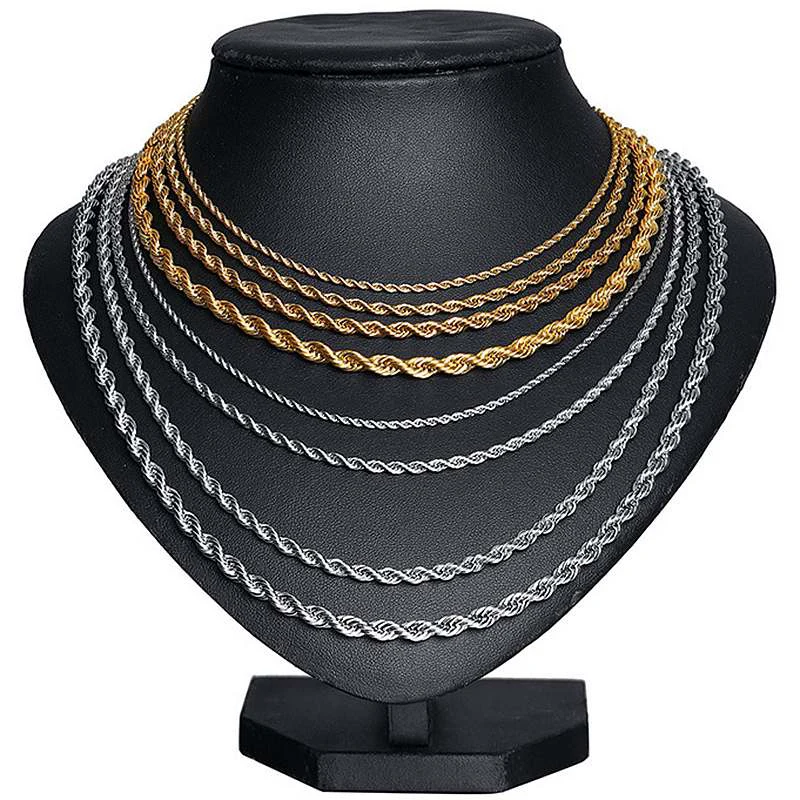 Hip hop metal 18k gold custom men chain bracelet women high quality jewelry stainless steel twisted rope chains necklaces party