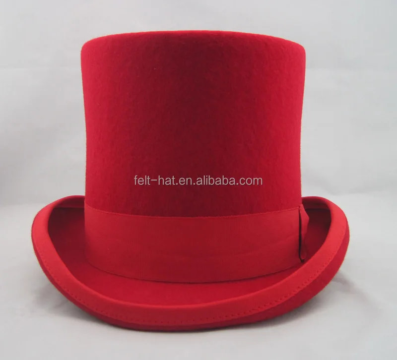 Festival 100% wool felt red top hat with feather trim
