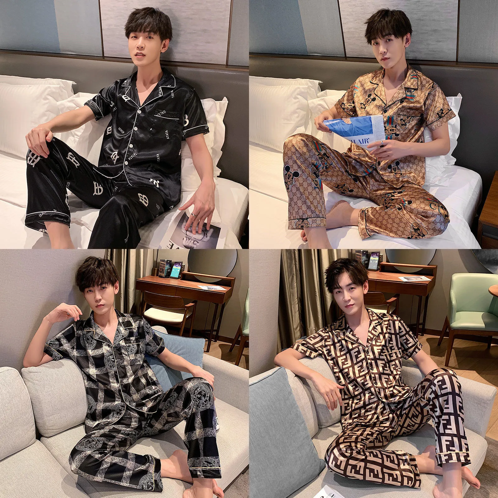 Шелковая мужская пижама, летняя одежда для сна с рукавами, Мужская домашняя одежда, костюм