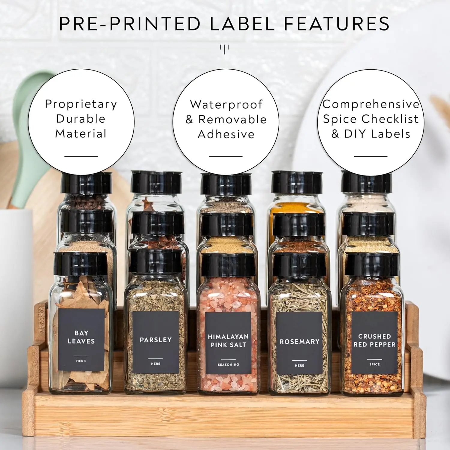 Glass Jars with Minimalist Black Spice Labels, Black Plastic Shaker Lid Dispenser White Chalk Marker Cleaning Brush and  Funnel