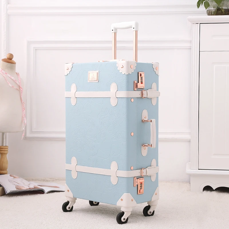 Embossed Blue Unitravel Vintage Luggage Set 26 inch PU Leather Women Cute Suitcase with 12 inch Handbag