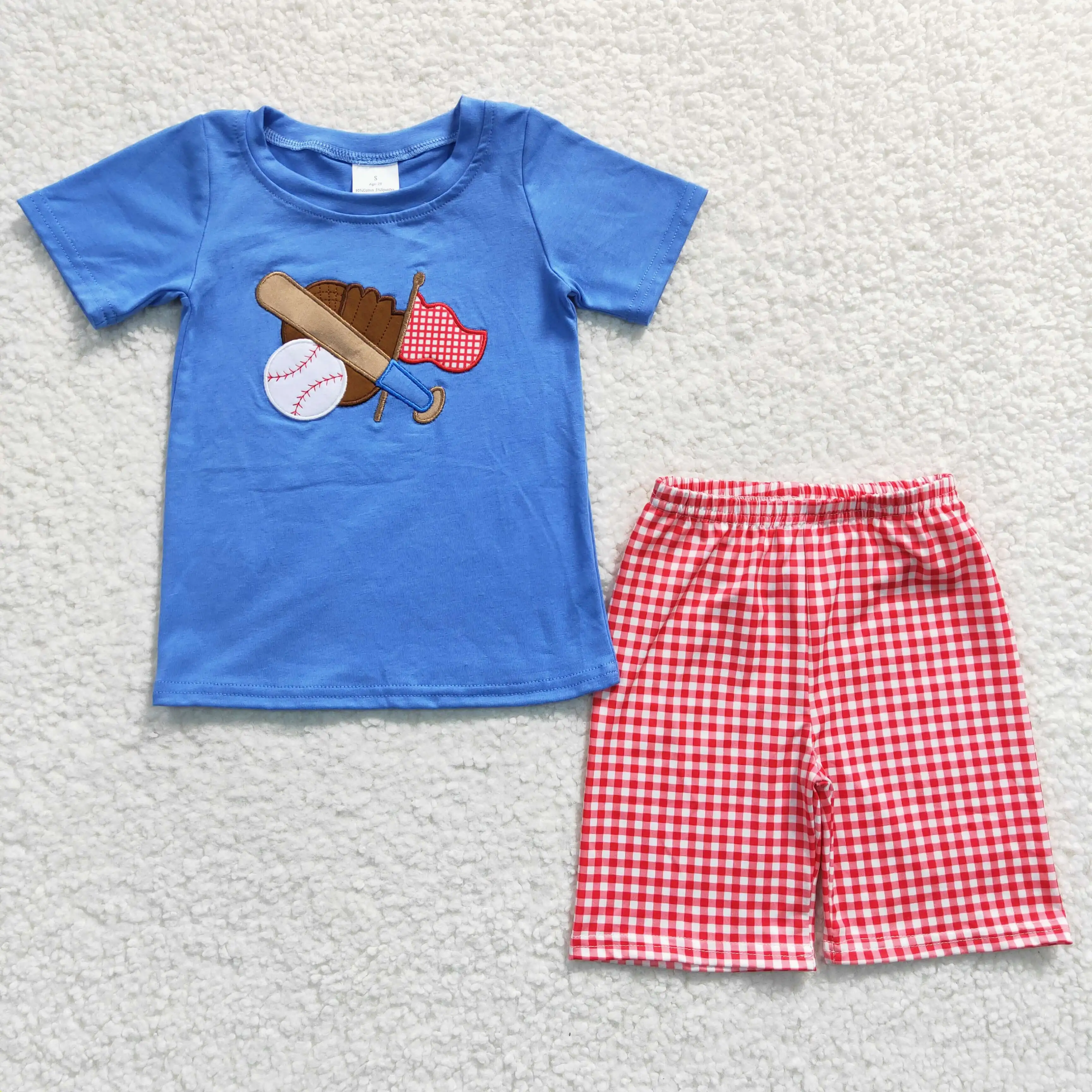 Boys Summer New Arrival Blue Suit Pure Cotton Embroidery Baseball Pattern Embroidery Red Check Shorts
