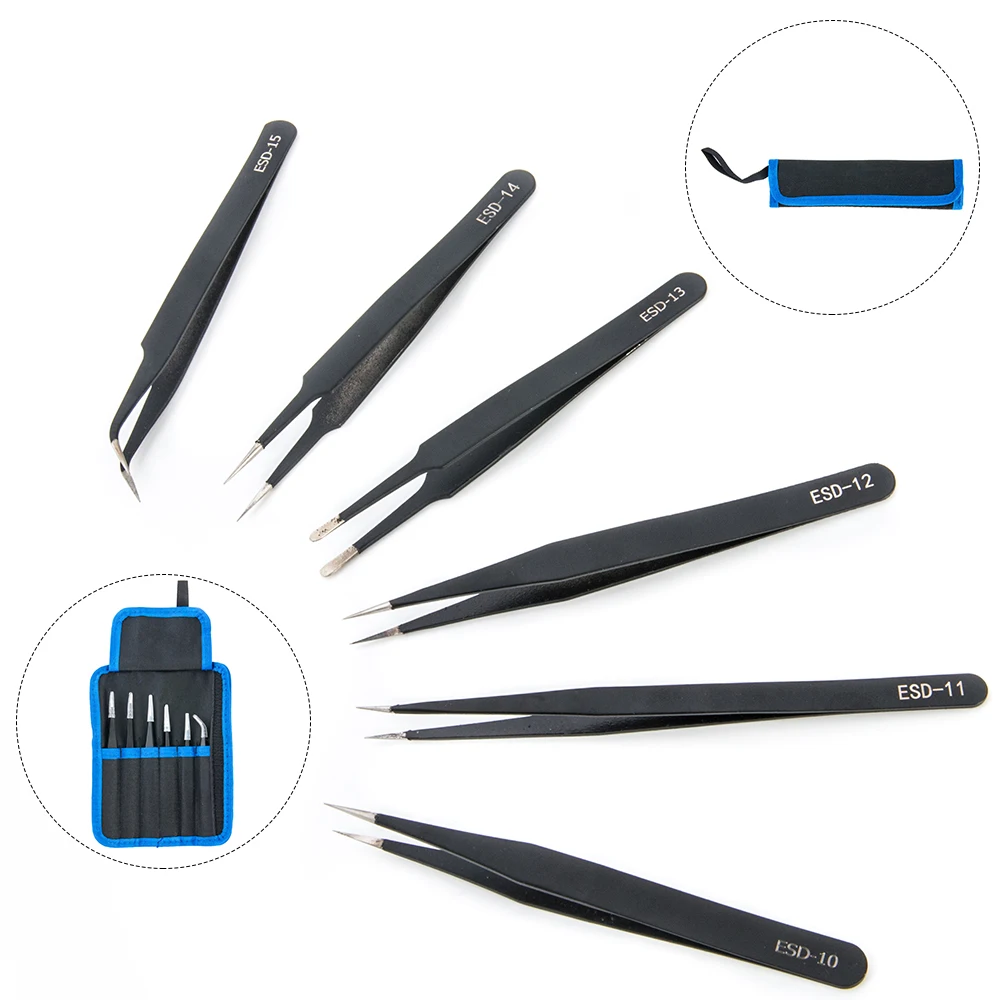 6PCS black stainless steel phones watch repairing jewelry making laboratory work tool precision tweezers set