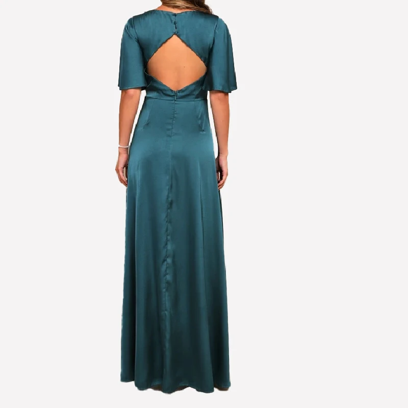 Elegant flutter sleeve v-neck cutout back satin long bridesmaid dresses with front slit