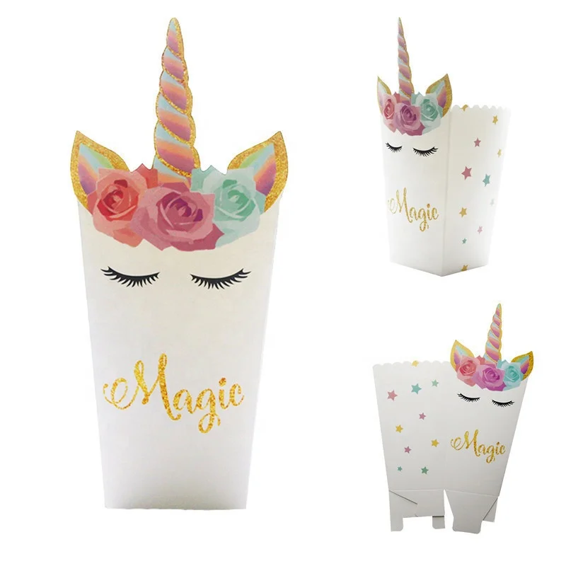 12 Pcs/Pack Cartoon Cartoons Unicorn Popcorn Paper Food Packaging Box Boxes for Happy Birthday Party Decor