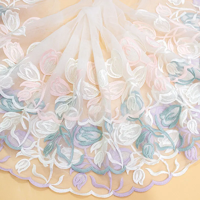 Polyester Tulle Embroidery Lace Check Blue Voile Guipure Lace Trim Voile Lace Fabrics For Women Dress