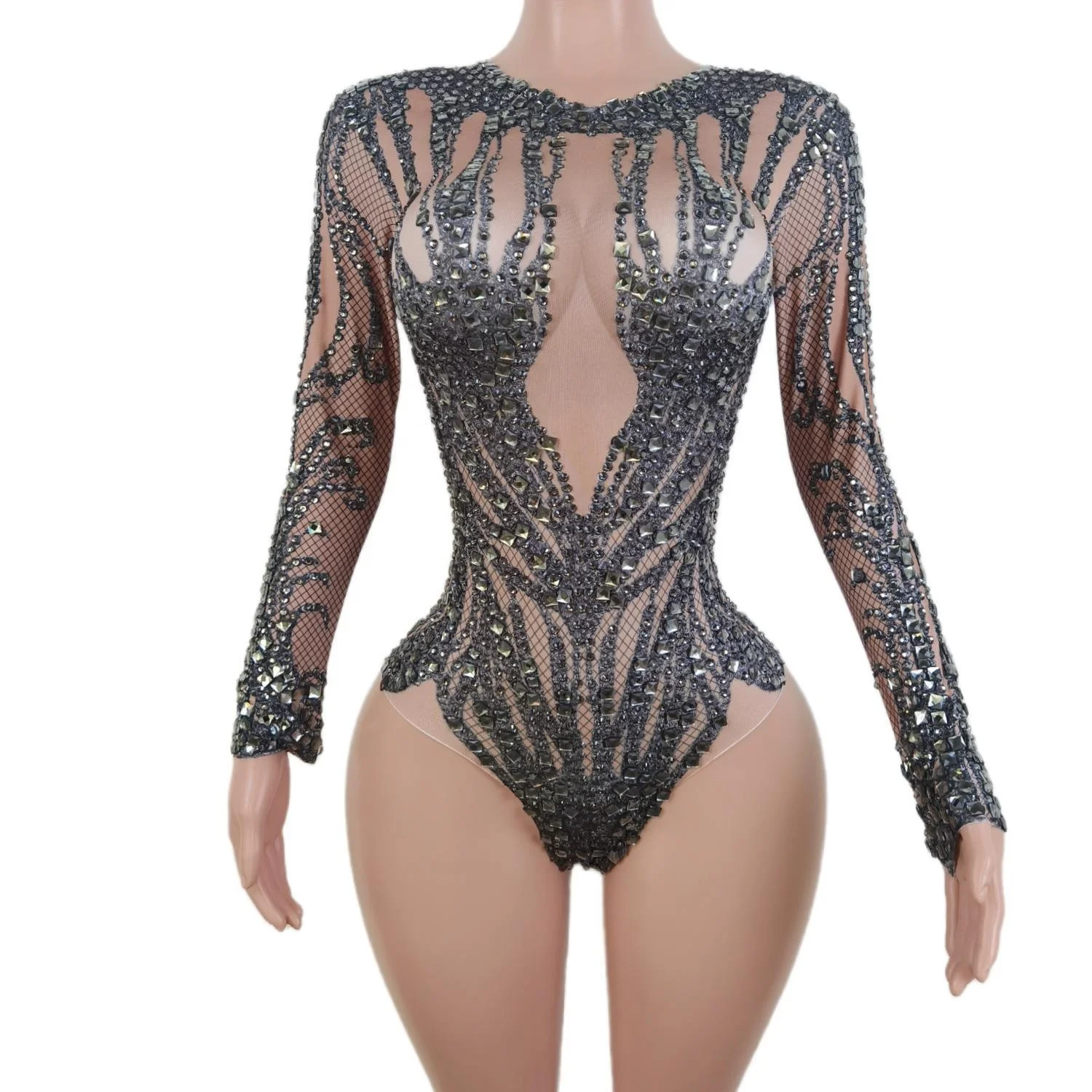 Sexy Long Sleeves Stones Crystals Drag Show Performance Costume Dancer Leotard Nightclub Party Rompers Women Rhinestone Bodysuit