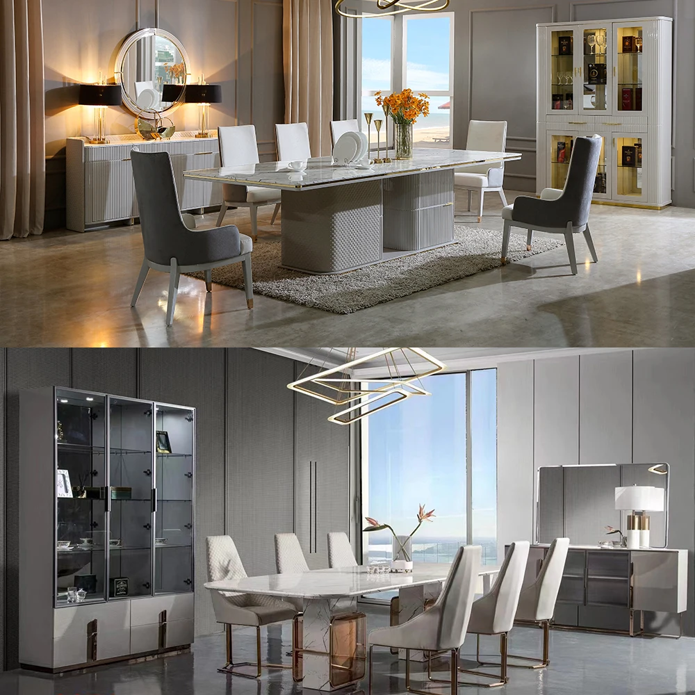 Modern Design Large Slate Rectangle  Shape Table 8 Chair Dining Sets  Stainless Steel  Legs Dining Room Furniture Set