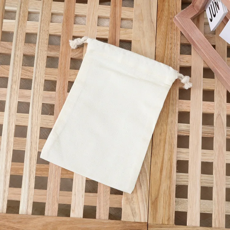 Custom recycled size small large reusable white muslin cloth dust pouch cotton canvas drawstring bag with logo and double string