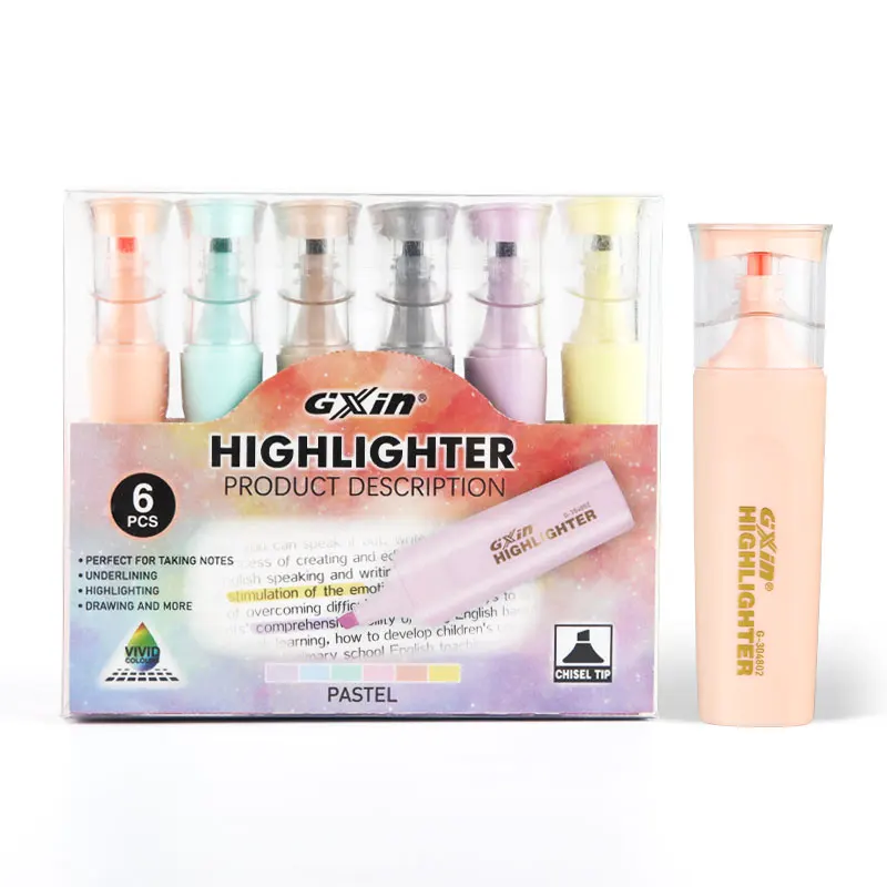 Gxin G-304802 6pcs/set high quality highlighter marker pen set pastel color water-based writing smoothly highlighters custom