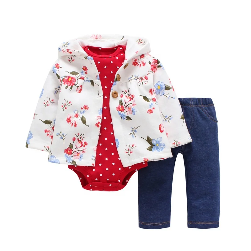 High quality cotton long sleeve printed cute style baby clothes newborn 3-piece baby girl clothes set