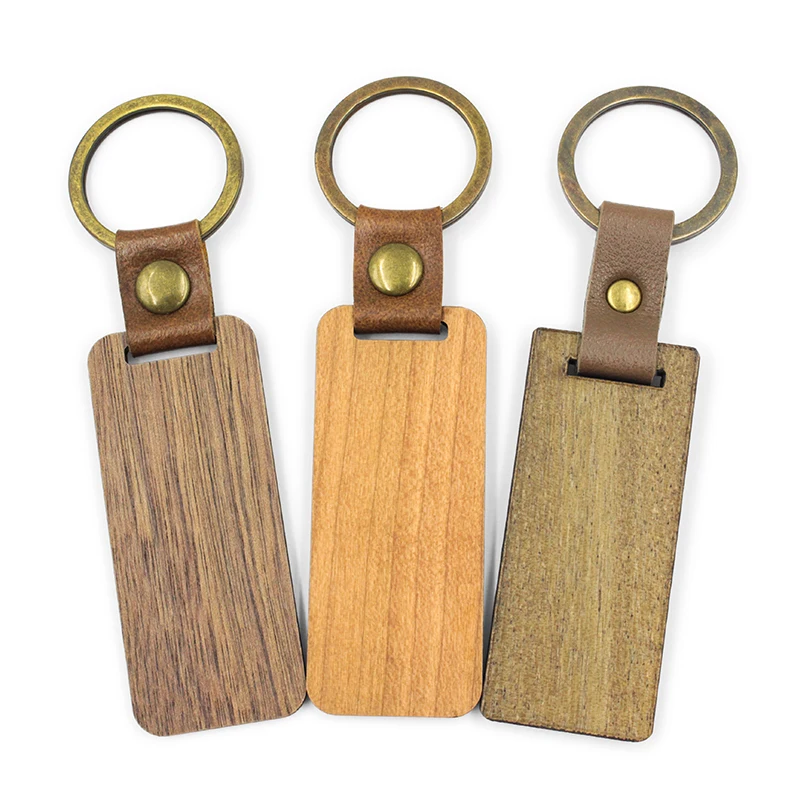 Custom Hot Sale Blank Rectangle Shape Olive Wooden Key Chain Etched Laser Dark Color Wood Key Ring Engrave Wood Keychain