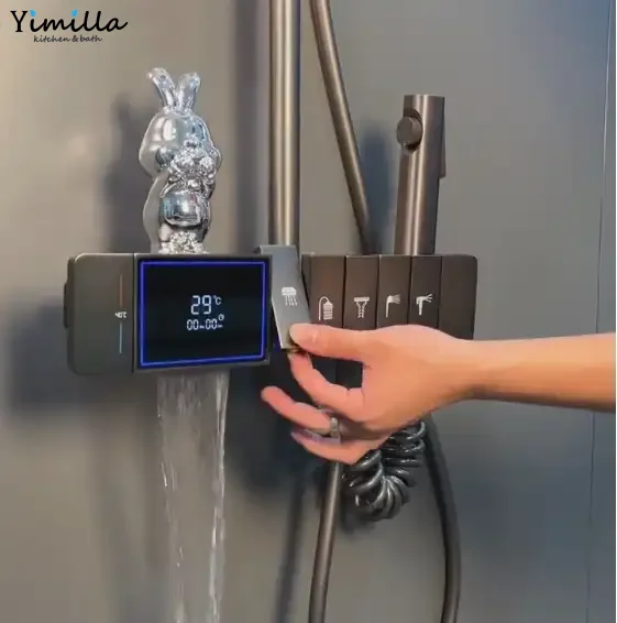 2023 Factory Direct Tiktok Sale Piano Key 5 Button Digital Display Bathroom Waterfall Rainfall Gun Metal Shower Set With Mixer