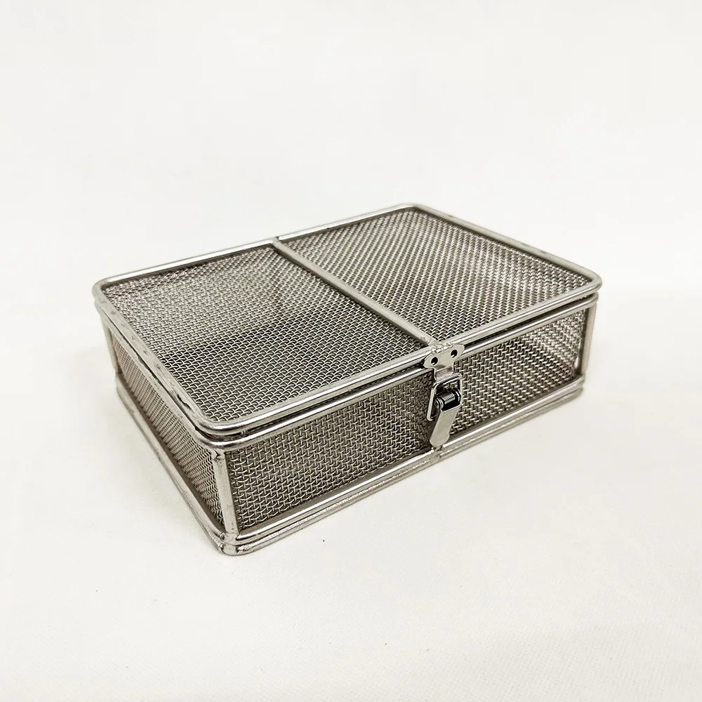 304 stainless steel square medical dense mesh disinfection storage basket instrument ultrasonic cleaning basket with cover