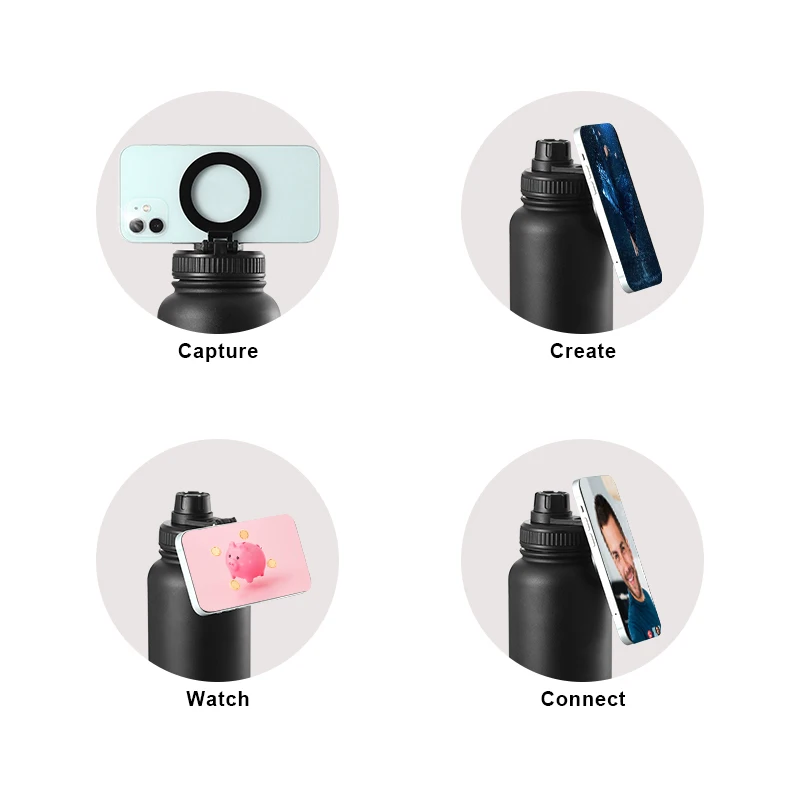 Sport insulated Magnetic Water Bottle with Phone Mount and Tripod for iPhone Gym Outdoor-Stay Cold Sports Bottle (Black)