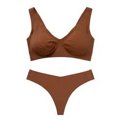 2023 Teen Girls Sexy Bra Thong Set Nude Feeling Seamless Breathable Push Up Wireless Top T Back Plus Size Bra Panty Set