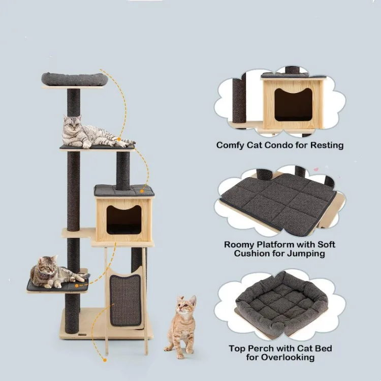 Natural Pet Sisal Climbing Scratcher Wood Condo Furniture Scratching Post Cat Tree Tower Pet Supplies