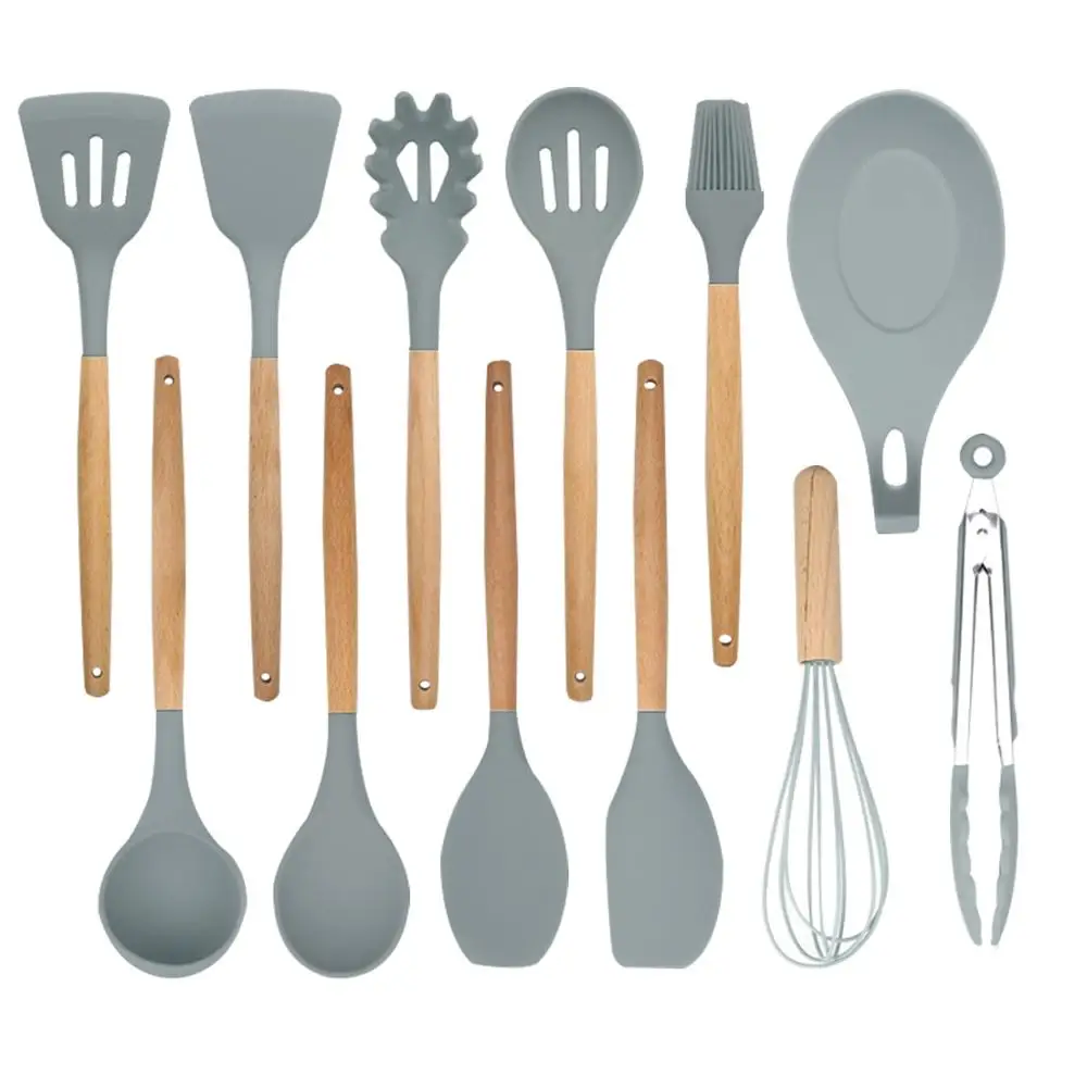 Wholesale heat resistant beech wood & silicone kitchen accessories spoon cooking spatula set with wooden handle printed