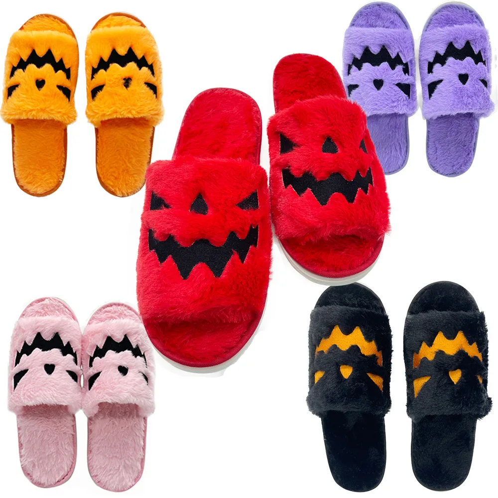 RTS Fashion Popular Womens Orange Slides Slippers Funny Cute Fluffy Warm Cotton Winter Outdoor Party Pumpkin Halloween Slippers