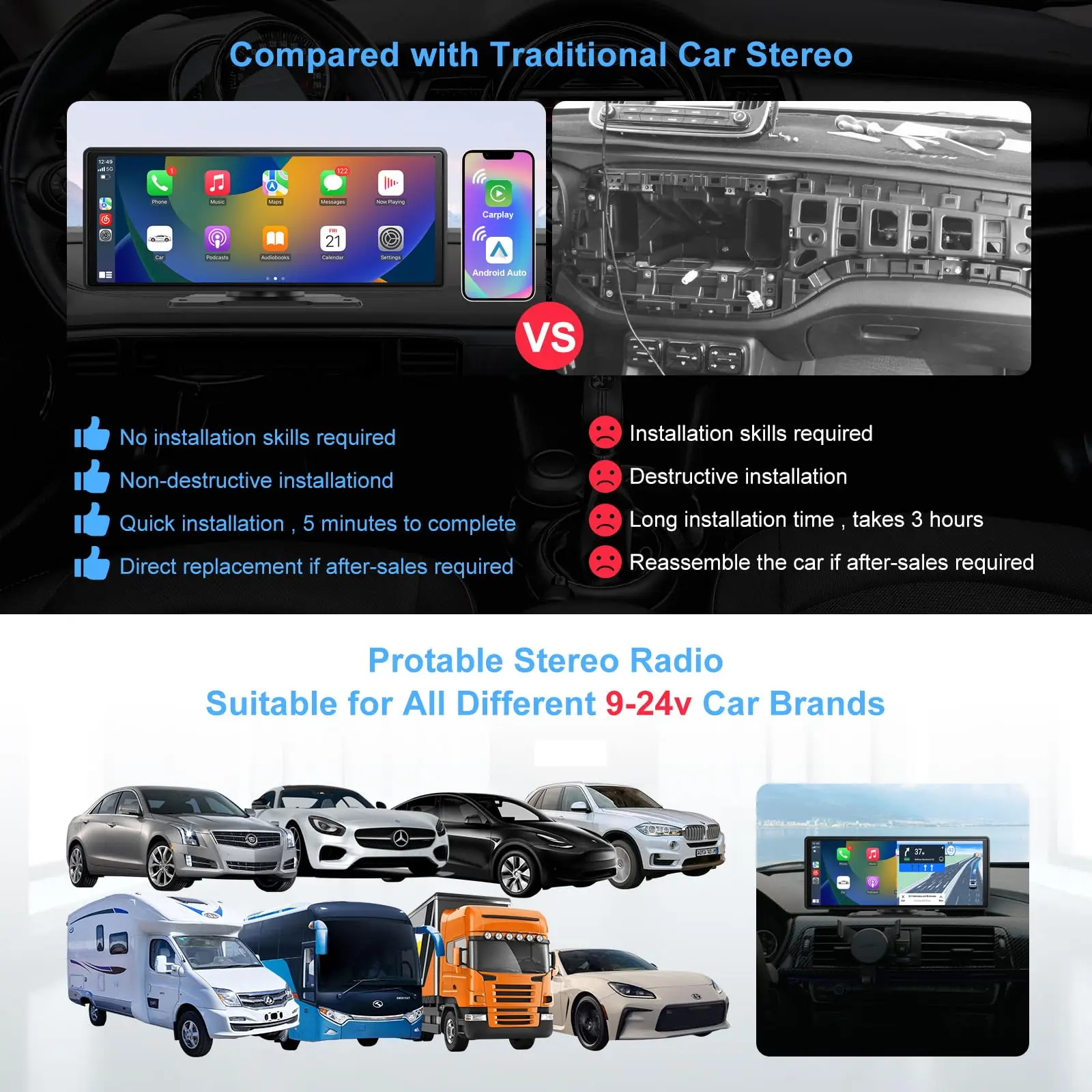 Universal MP5 car player 10.26 inch ips touch screen HD Monitor car play with back camera 10 inch