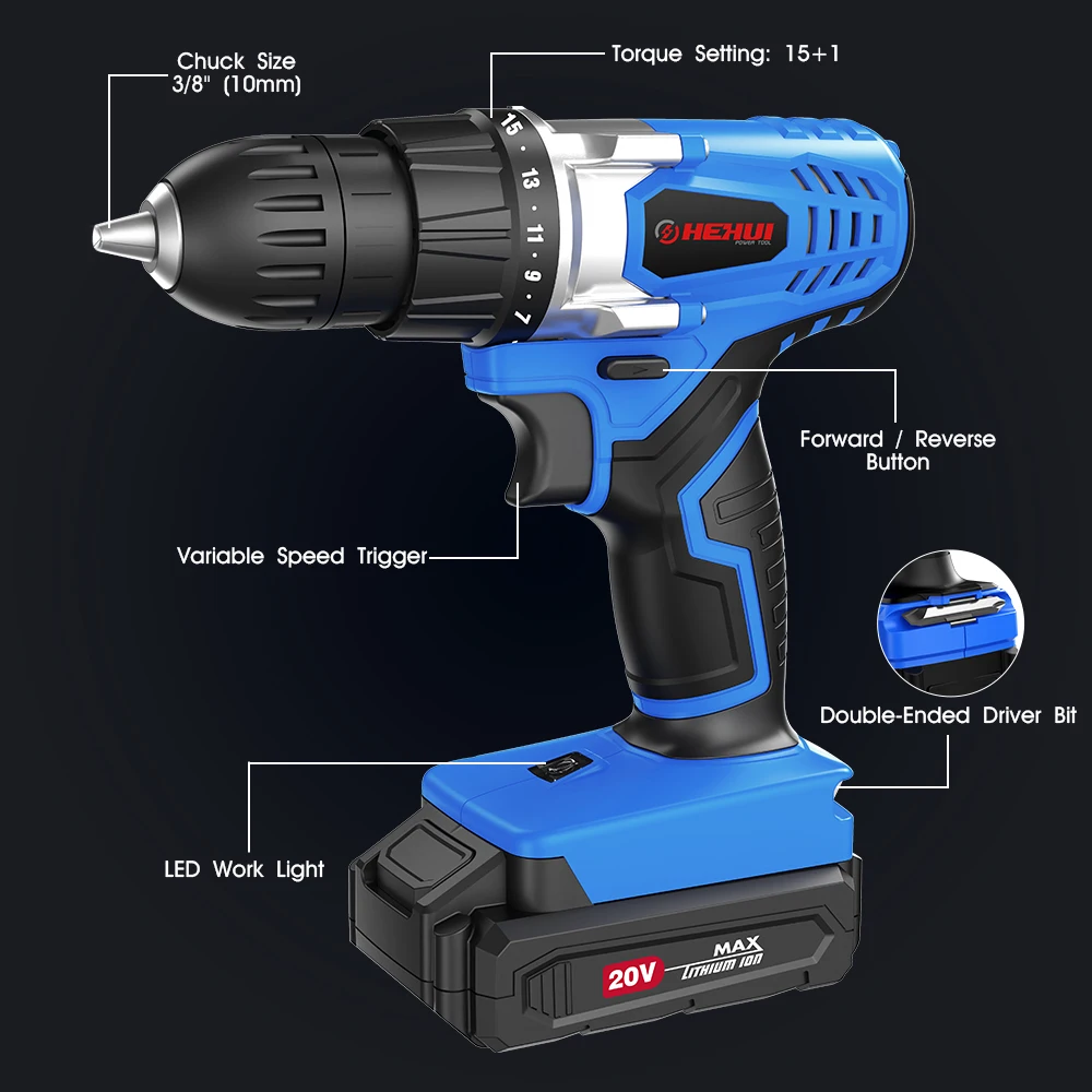 Hehui 20V 10Mm 18Nm Cordless Driver Drill Electric Screwdriver Mini Hand Drill Lithium-Ion Battery Drilling Tool