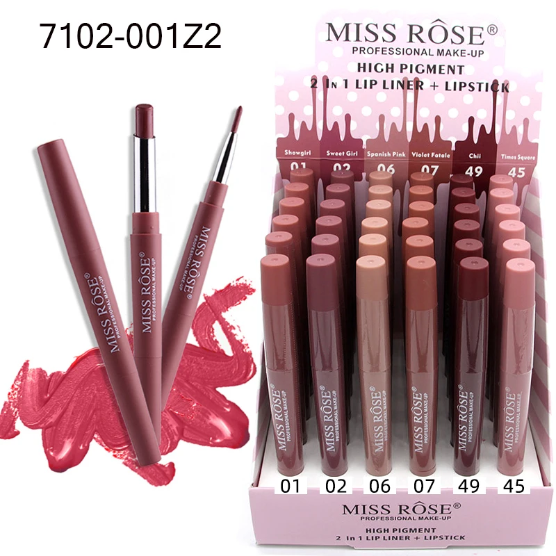 RTS 36 pieces High Pigment Miss Rose lipstick Organic red matte 2 in 1 lipstick vegan Lipstick with and Lip liner Cosmetic