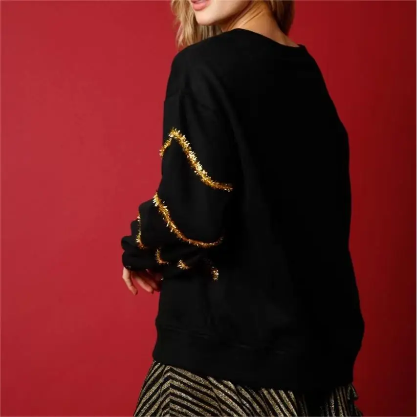 Women Casual Loose Top  Printed Christmas Tree Sequin Glitter Long Sleeve Hoodie Autumn Winter Embroidered Logo Back Sweatshirt