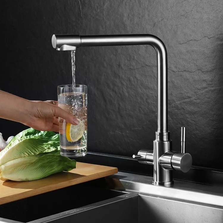 
Amazon Modern Dual Handles SUS304 Stainless Steel 3 Way Health Water Filter Kitchen Sink Faucet 
