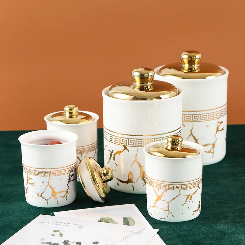 Kitchen Sealed Jar Set Food Container with Shelf Ceramic New Marbled Black Gold and White Gold Multifunction Kitchen Storage