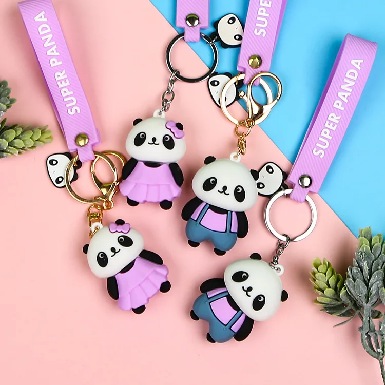 New arrival 3D soft pvc keychain custom  plastic doll PVC cartoon corporate mascot couple gift pendant Panda PVC key chain