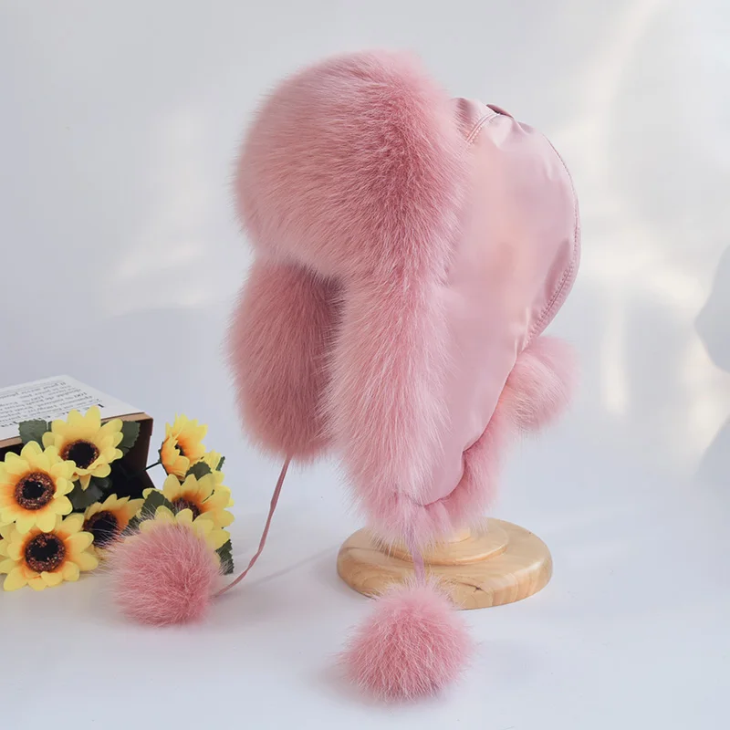 Wholesale Winter Warm Hat Real Fur Trapper Hat For Cold Winter Women Fox Fur Bomber Hats Windproof Earflap Ski Caps