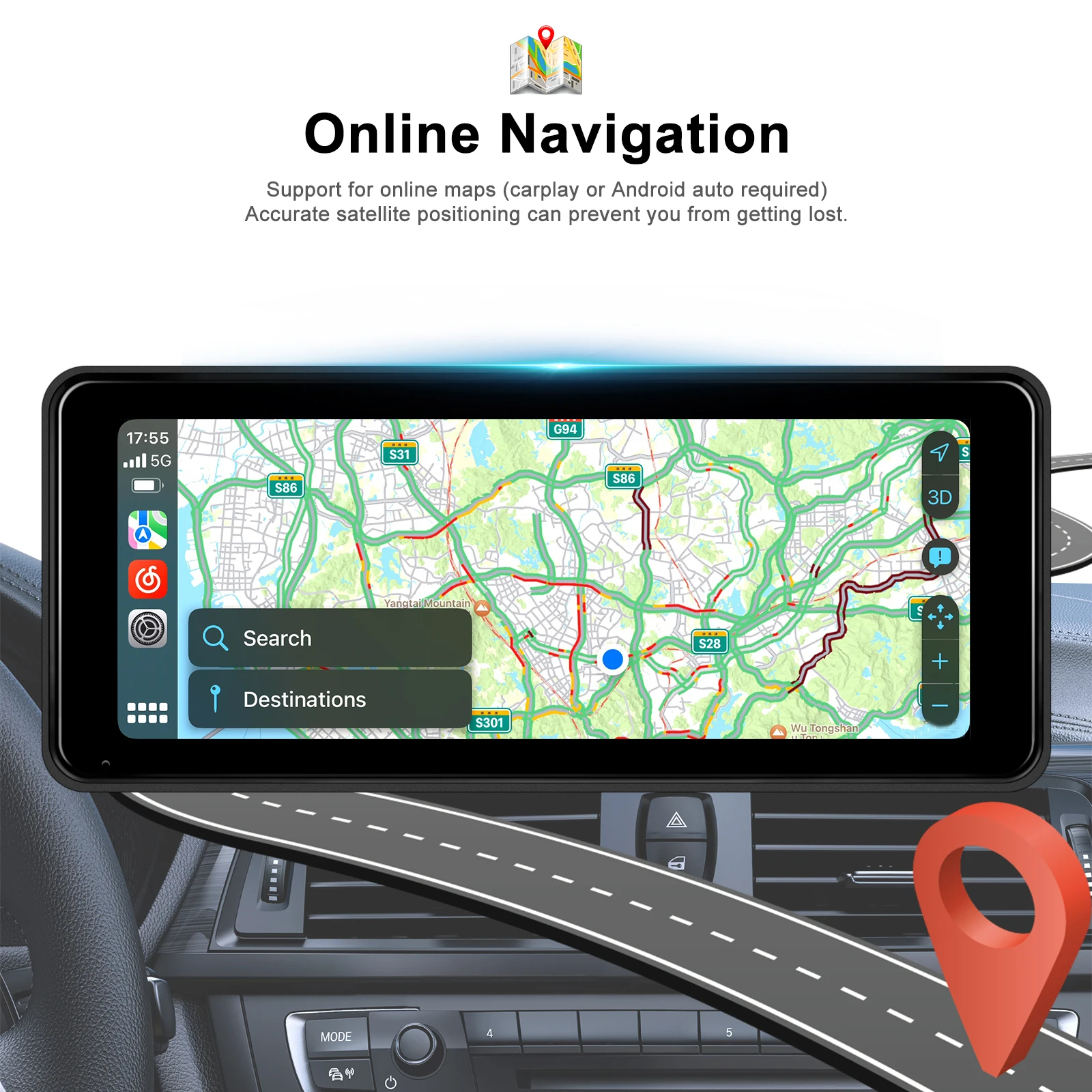 Podofo Portable Wireless Carplay/Android Auto 6.86 Inch HD Screen Car Monitor AirPlay Android Cast BT Music FM Transmitter
