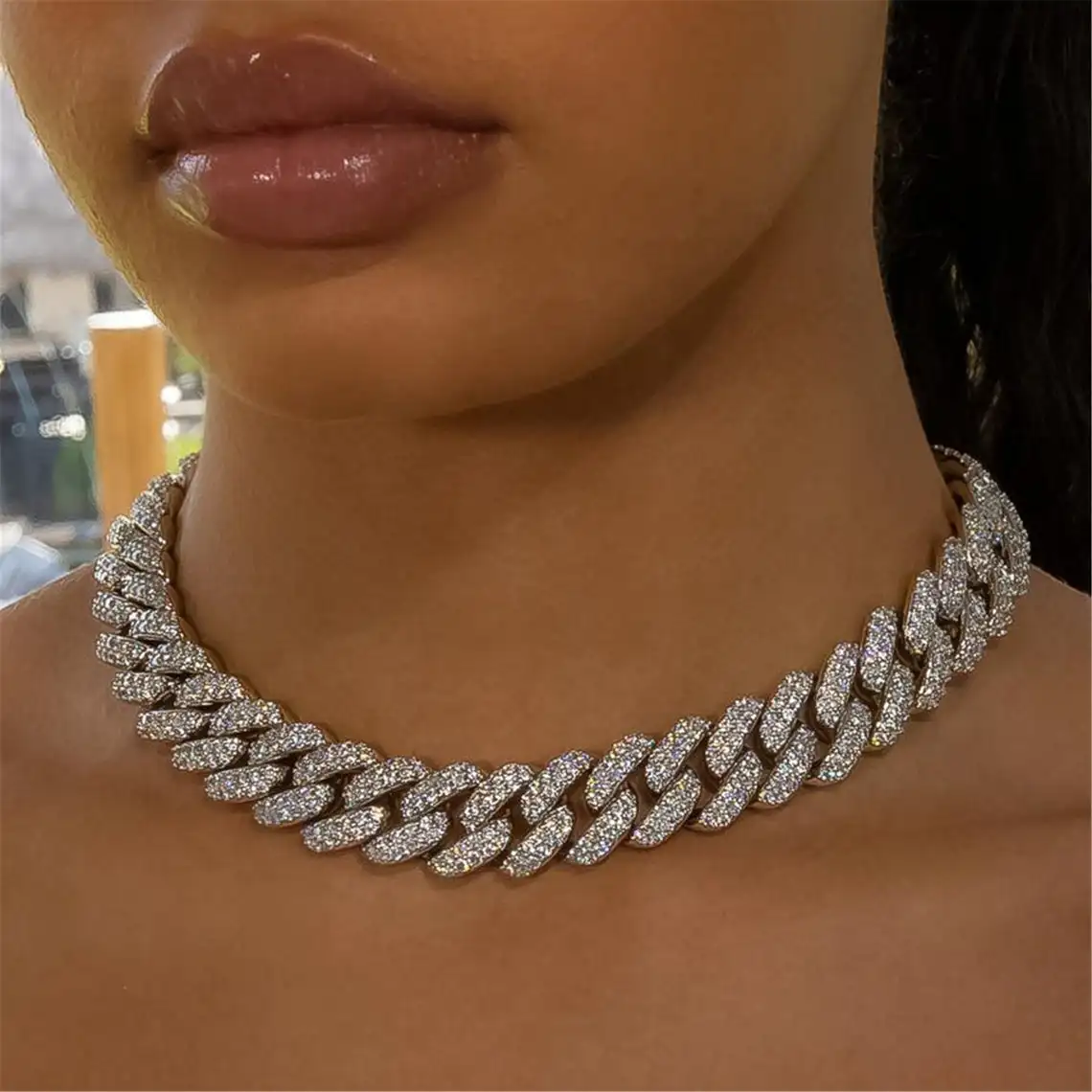 Hip Hop Jewelry Iced Out 925 silver 13mm two rows  Moissanite Cuban Chain Necklace