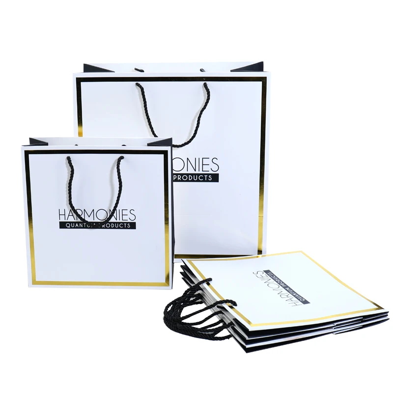 Gold foil hot stamp finished white paper gift bag with custom logo factory OEM