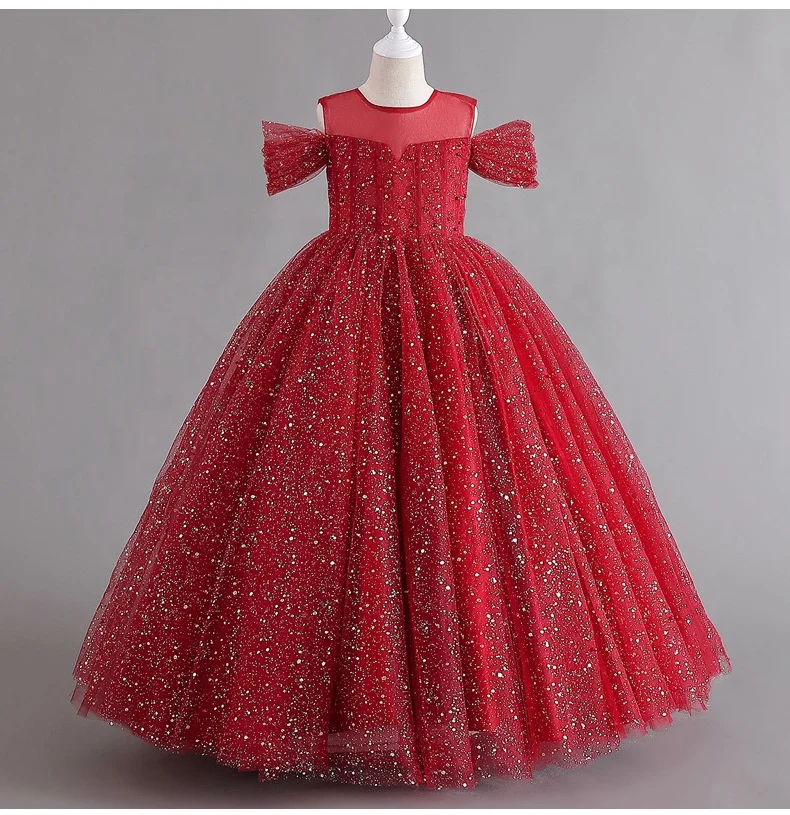 Boutique Kids Litter Girl Party Ball Gown Off Shoulder Children Elegant Beading Sequined Junior Bridesmaid Flower Girls Dress