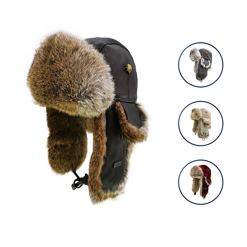 A232 FUR WINTER Vintage Bull Leather Rabbit Fur Aviator Bomber Trapper Trooper Ski Hat