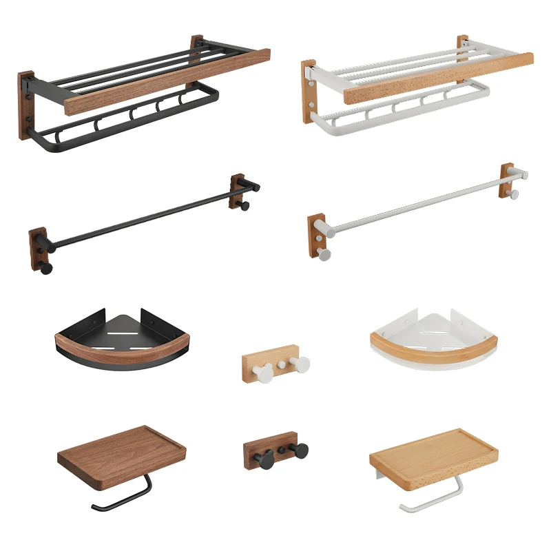 Yuson 27400 Walnut beech natural wood matte white and black aluminum bathroom accessories set
