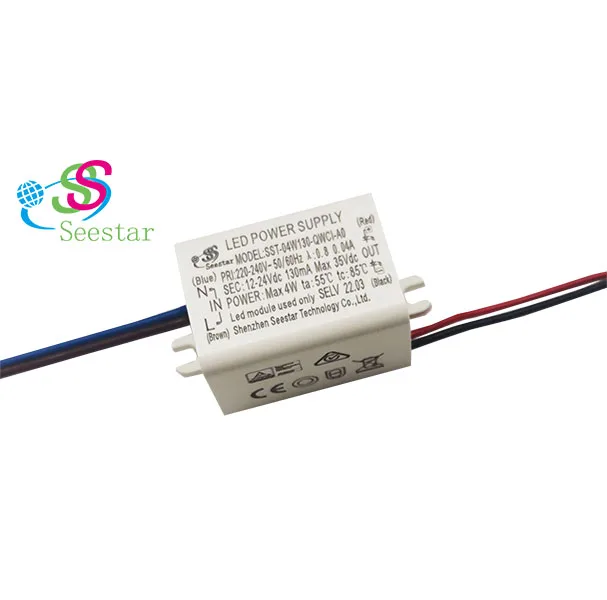 Seestar isolated AC220-240V DC12-24V 130mA 2W 3W 4W PF>0.8 flicker free TUV SAA CE CB ERP waterproof led wall light led driver