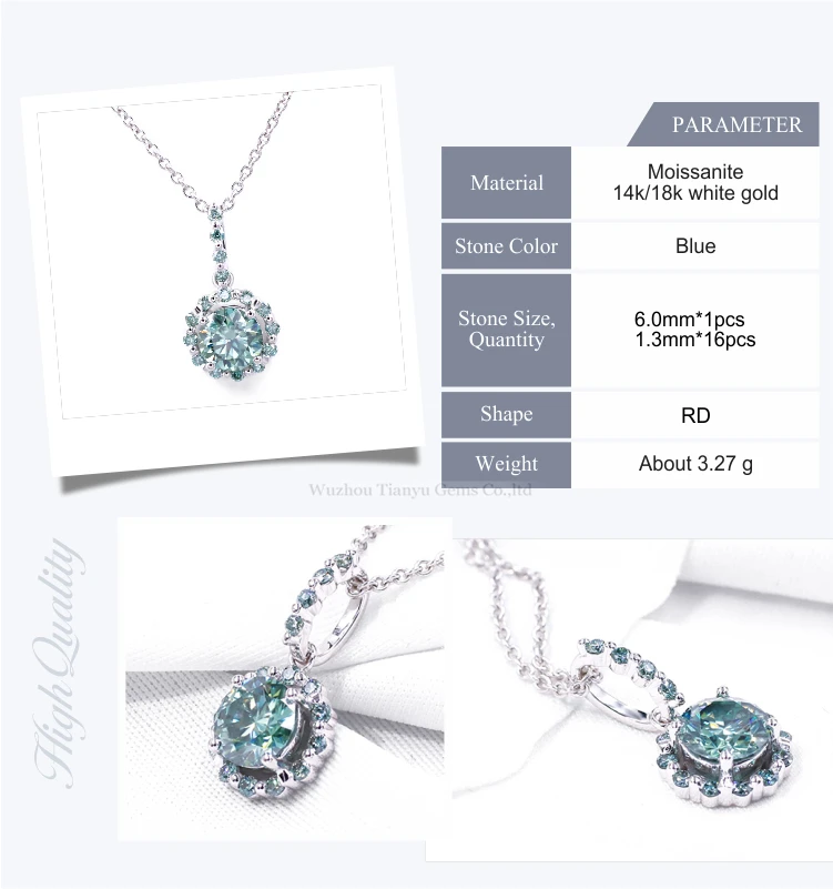Tianyu Customized 14K 18K Solid White Gold Green Moissanite Diamond Pendant & Necklace
