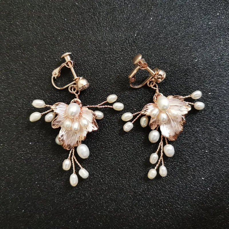 SLBRIDAL Handmade Rhinestones Crystal Freshwater Pearls Clip On Wedding Dangle Earring Bridal Chandelier Earring Women Jewelry