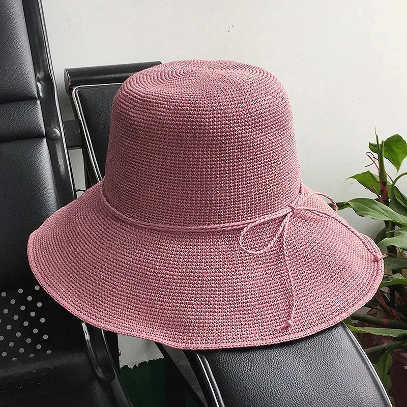 2024 Summer High Quality Fancy Fine Paper Straw Crocheted Beach Hat Colorful Bucket Straw Hat Women