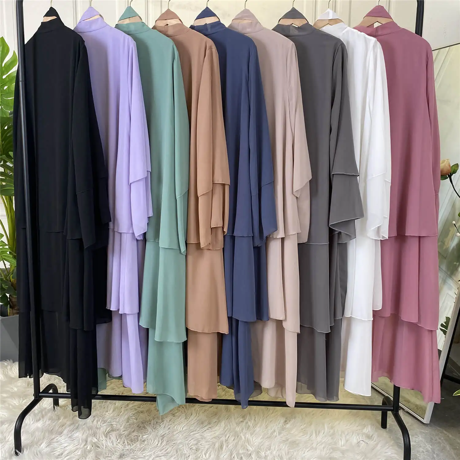 Eid Abaya Dubai Turkey Solid Color 3 Layer Chiffon Open Abaya Kimono Kaftan Cardigan Muslim Dresses For Women Islamic Clothing